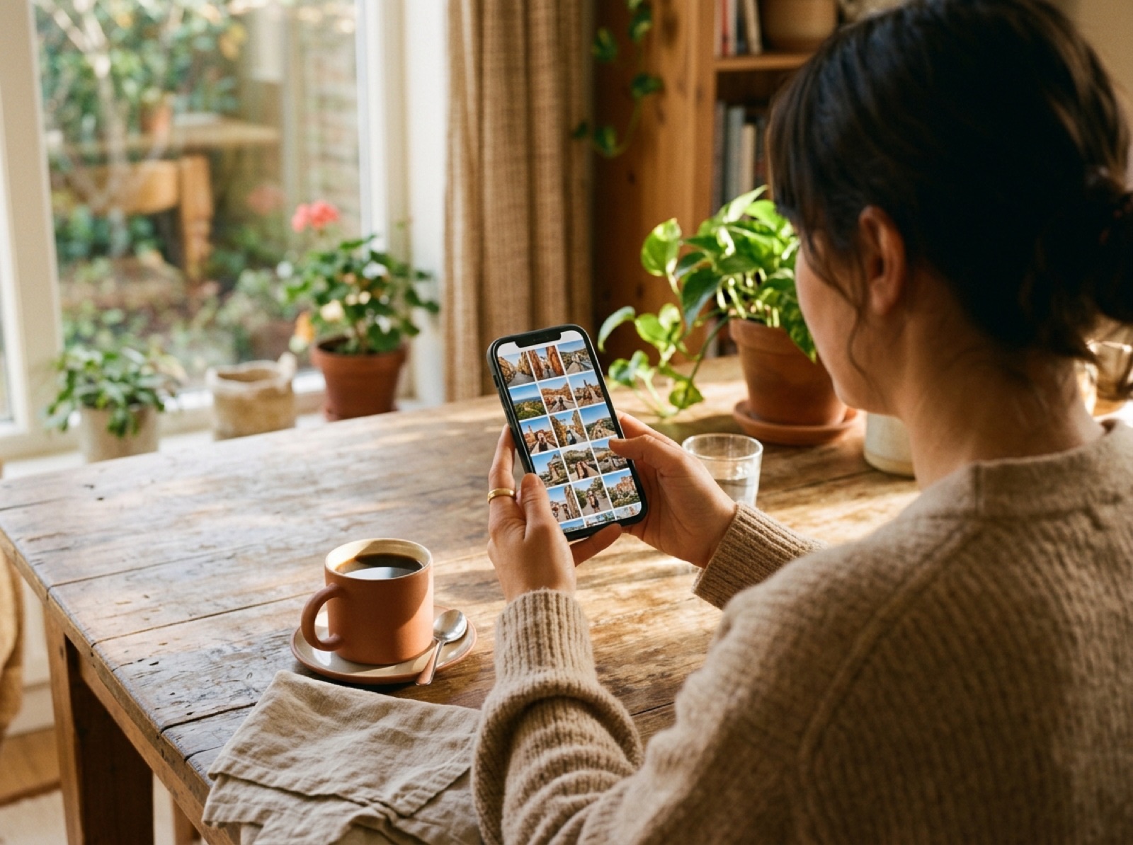 Telefoon met fotogalerij aan de keukentafel